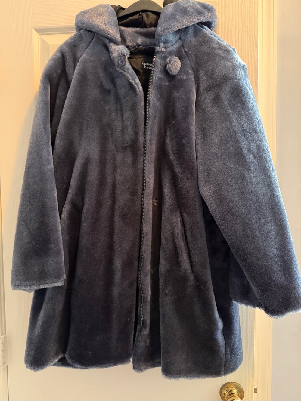 dennis basso Plush Hooded Faux-Fur Coat in Slate Blue